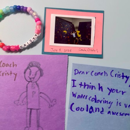 Image of artwork created by campers for me, a bead bracelet made during craft time, and a polaroid photo of Cristy standing by the youth bouldering wall