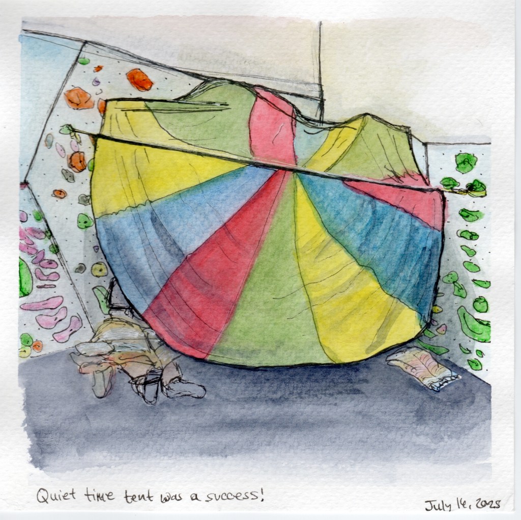 Watercolor sketch of DIY tent for youth climbing summer camp