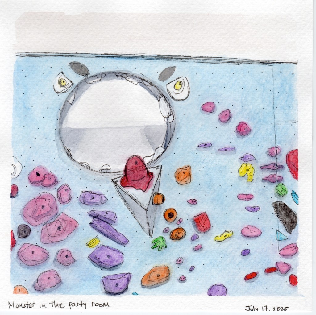 Watercolor sketch of youth bouldering wall designed to look like a monster